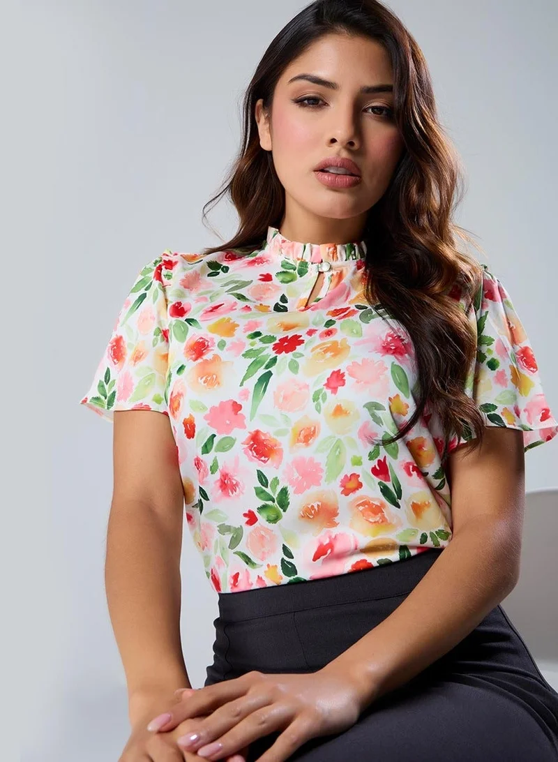 Zigzag Sleeve Flared Printed Satin Top